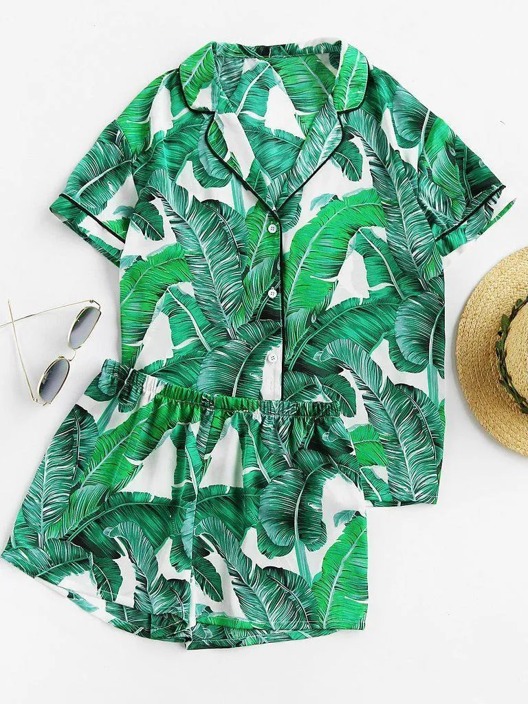 Palm Leaf Print Revere Collar Pajama Set