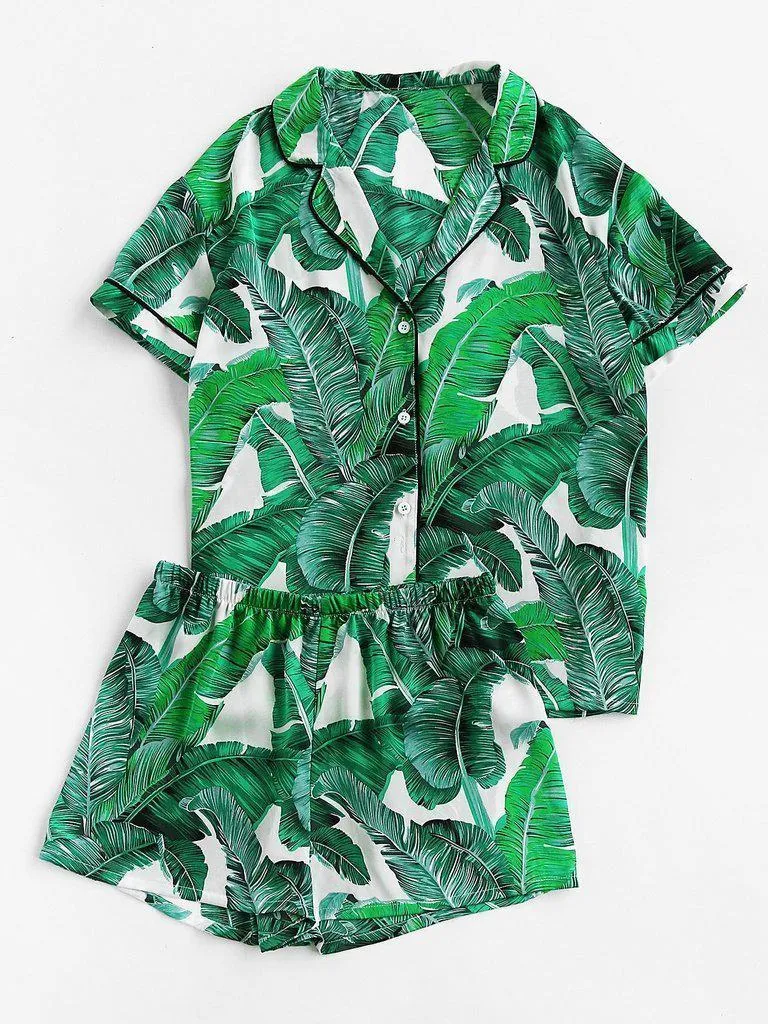 Palm Leaf Print Revere Collar Pajama Set