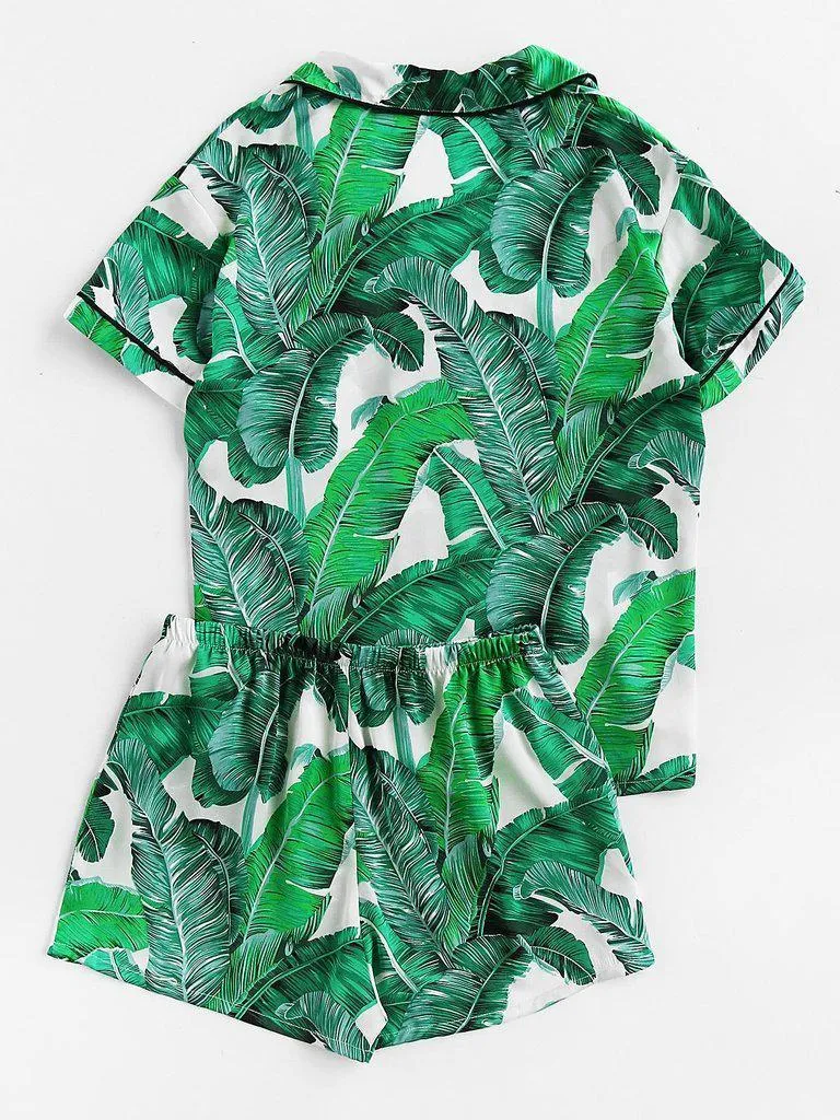 Palm Leaf Print Revere Collar Pajama Set