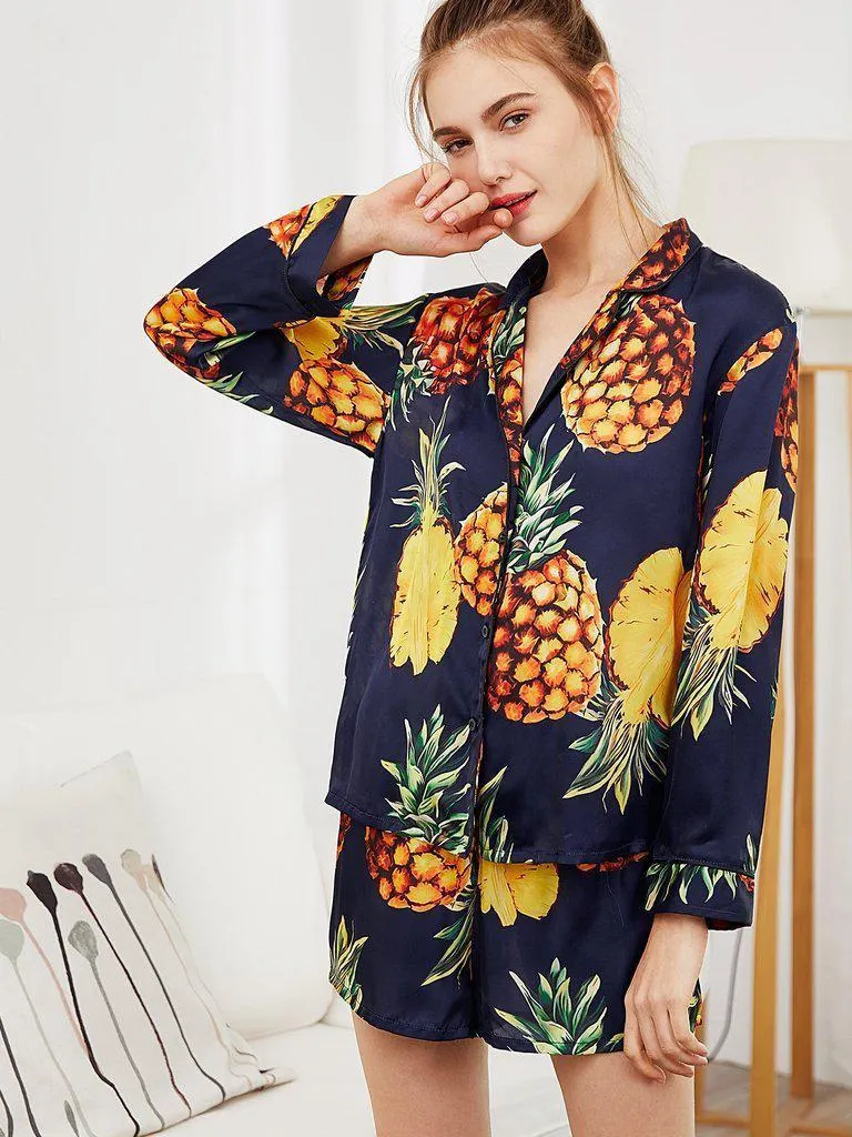 Pineapple Print Tipping Shirt & Shorts Pajama Set