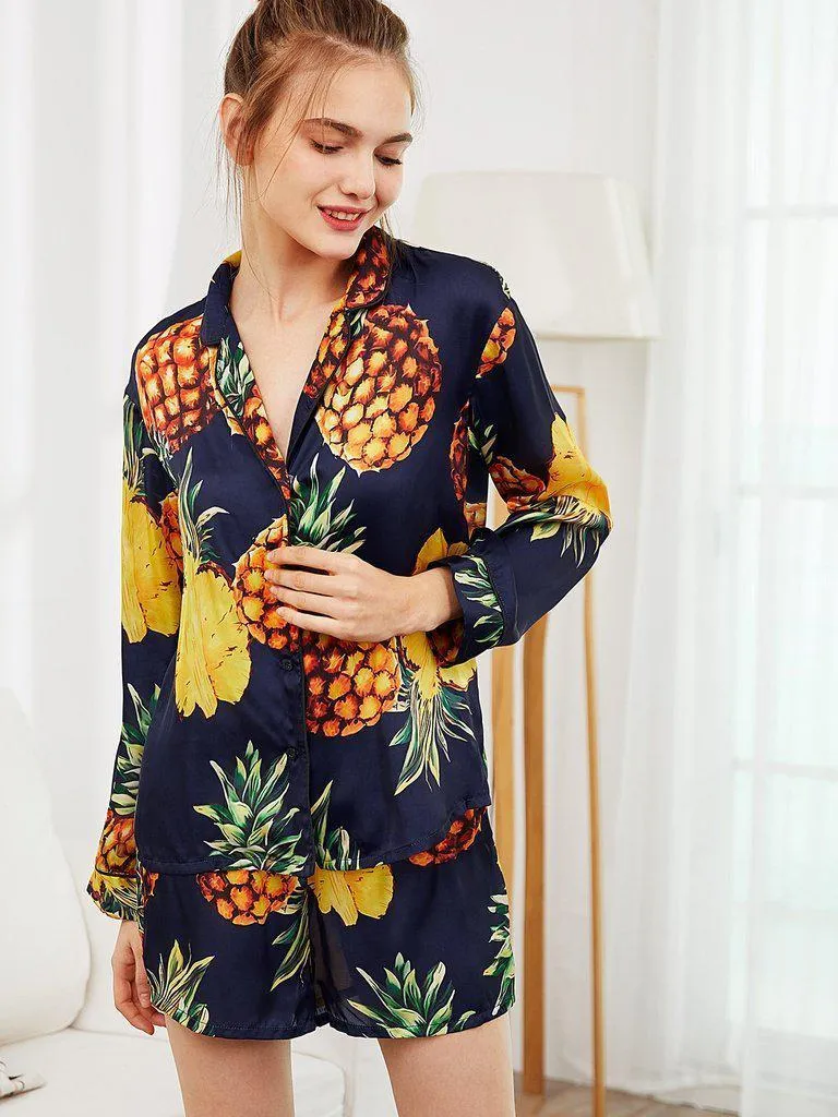 Pineapple Print Tipping Shirt & Shorts Pajama Set