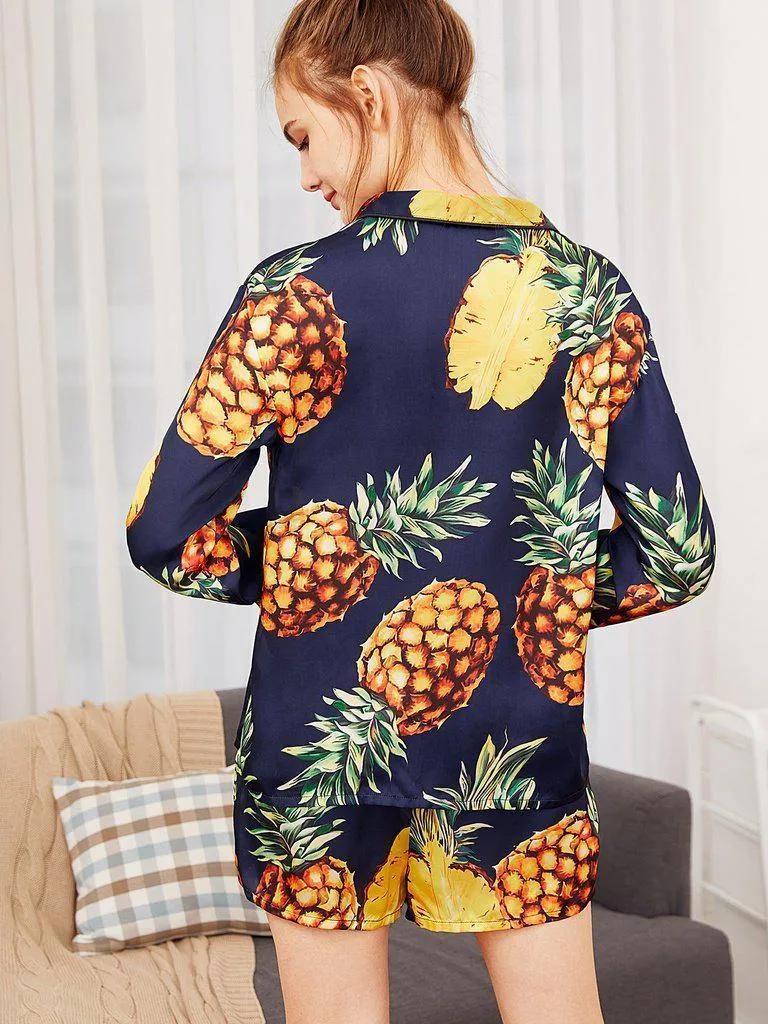 Pineapple Print Tipping Shirt & Shorts Pajama Set