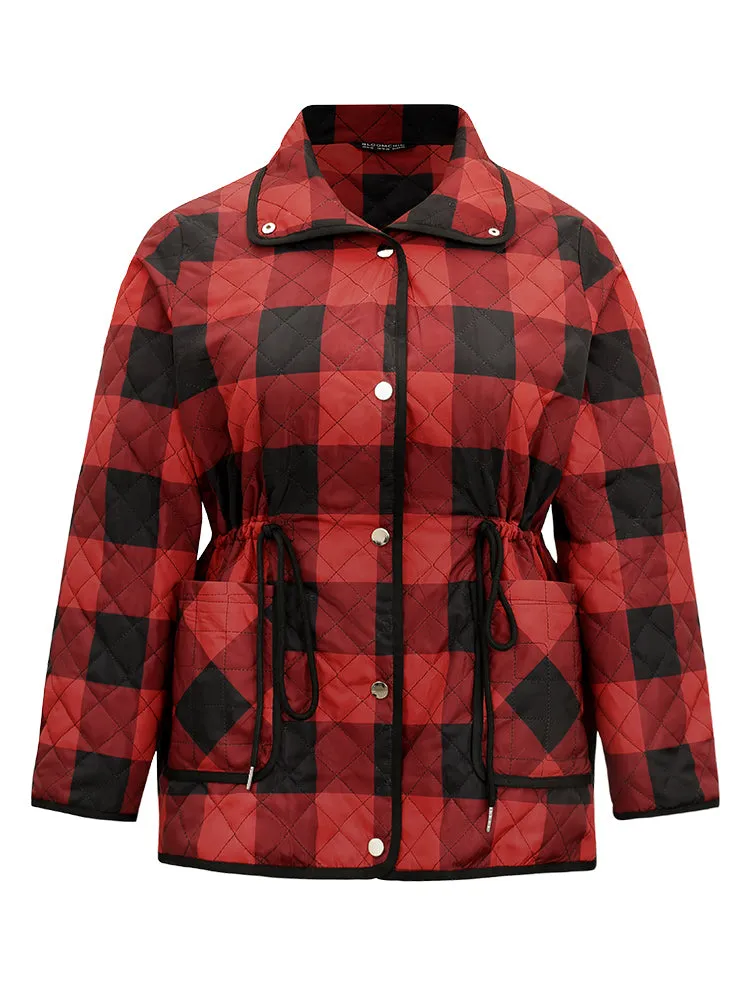 Plaid Contrast Trim Drawstring Button Through Coat