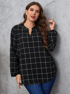 Plus Size Notched Neck Long Sleeve Blouse