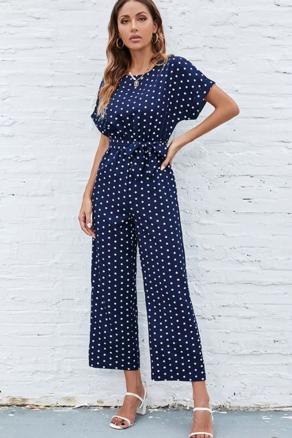 Polka Dot Round Neck Cutout Jumpsuit