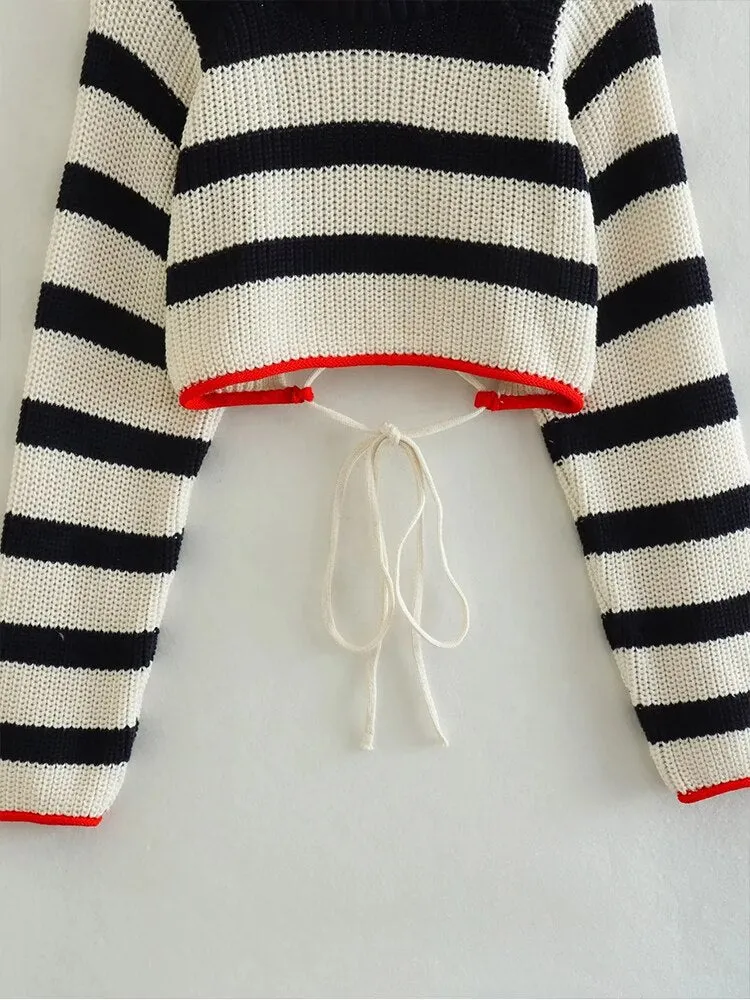 Pre Order:  Backless Stripes Knit Cropped Sweater