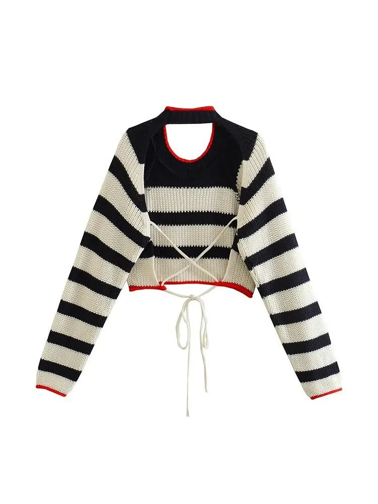 Pre Order:  Backless Stripes Knit Cropped Sweater