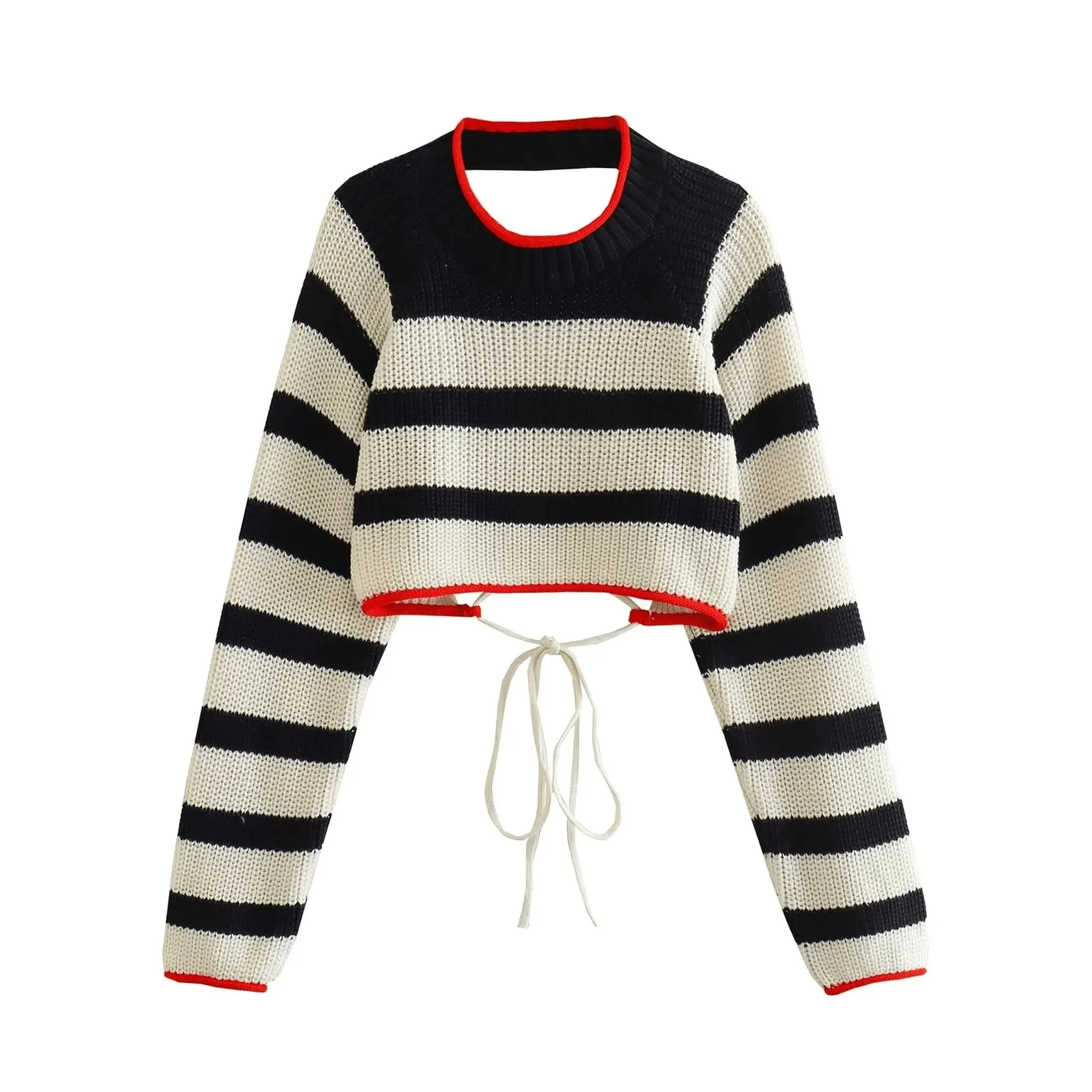 Pre Order:  Backless Stripes Knit Cropped Sweater