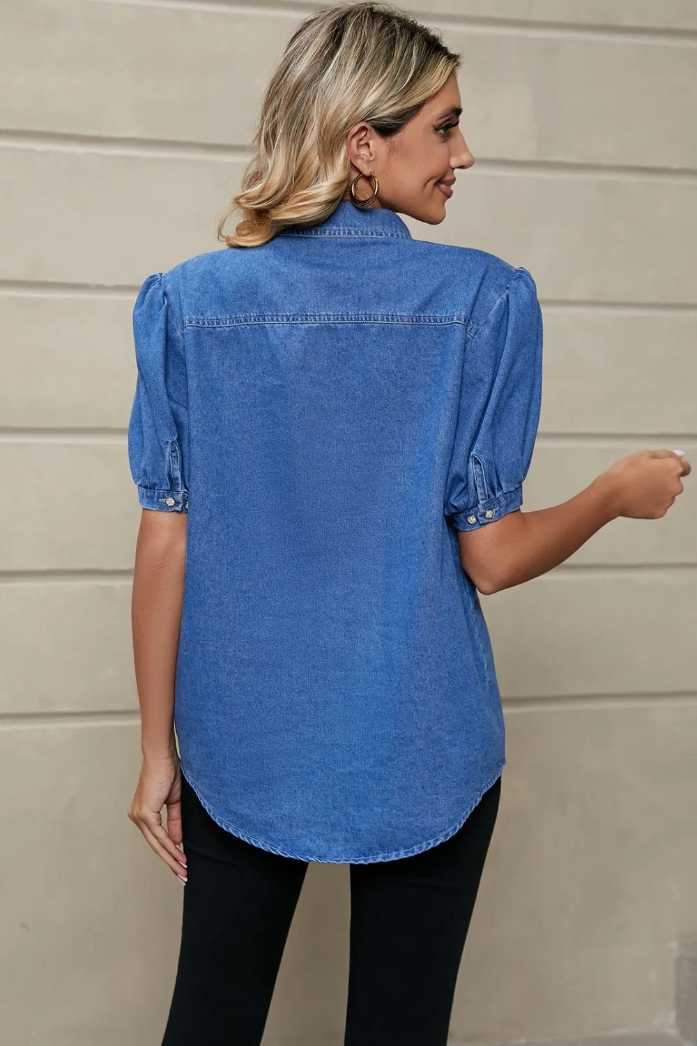 Puff Sleeve Collared Denim Top