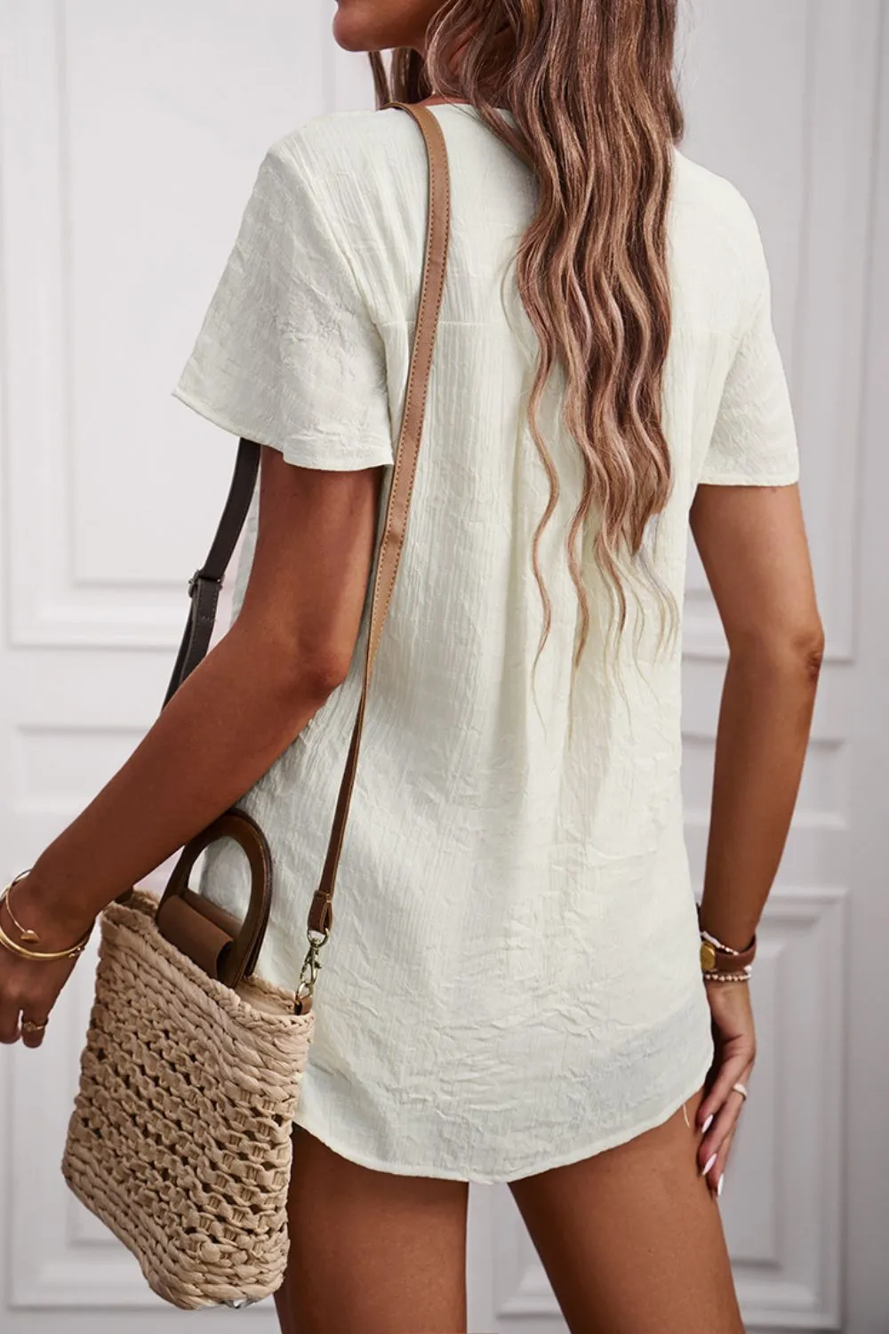 Quarter-Button Round Neck Short Sleeve Top