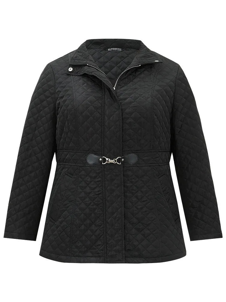 Solid Buckle Detail Zipper Quilted Coat