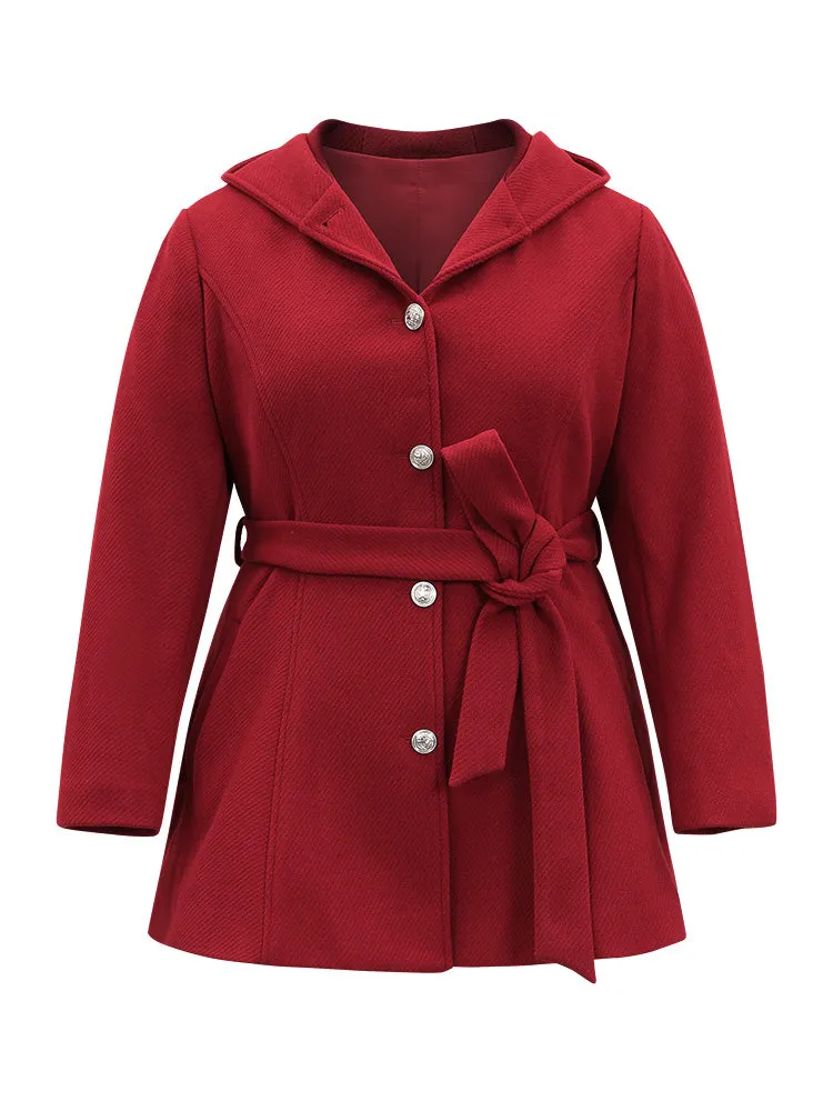 Solid Hooded Belted Buckle Detail Coat