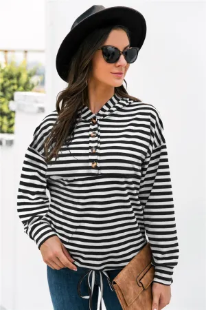 Striped Half-Button Dropped Shoulder Hoodie