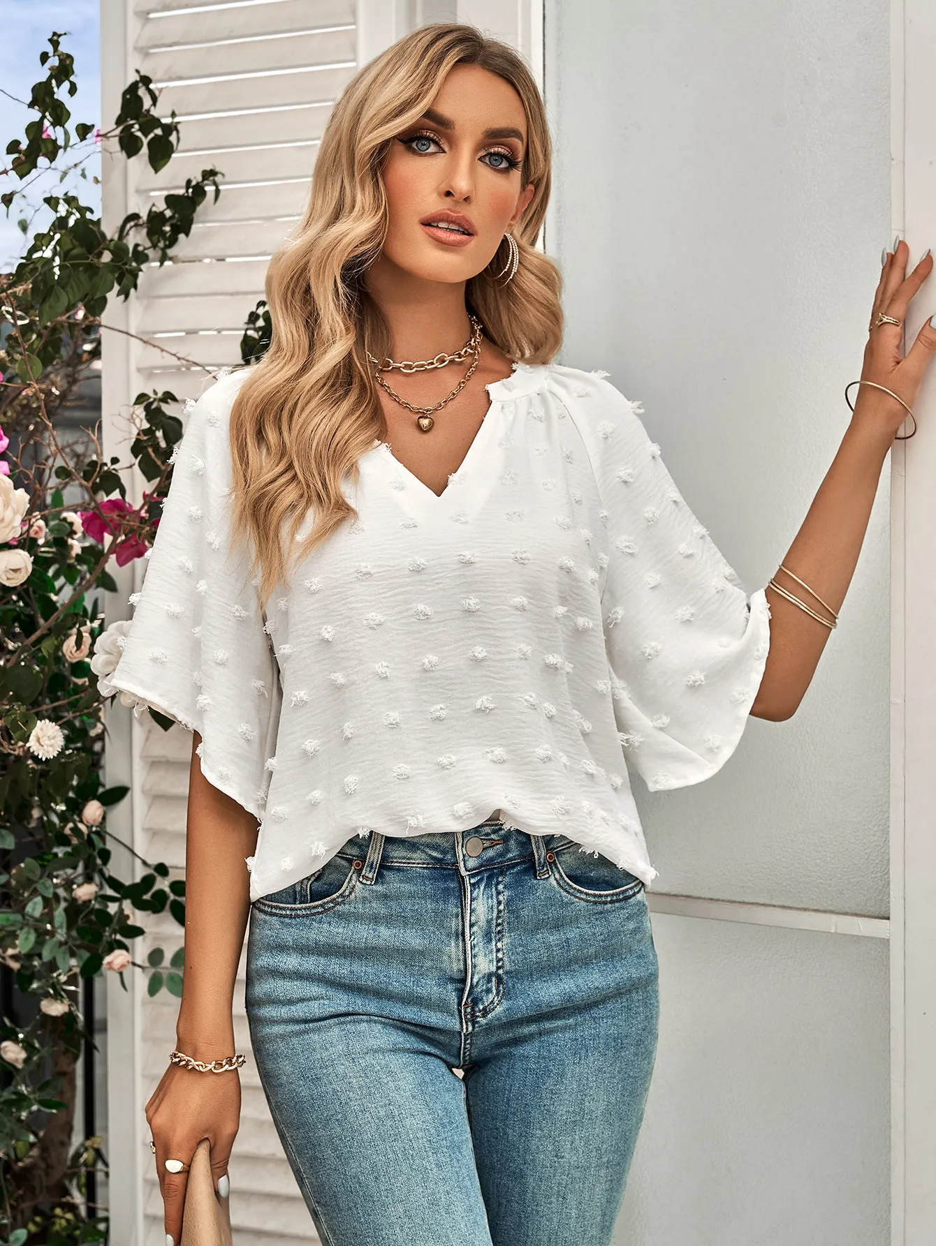 Swiss Dot Notched Neck Flare Sleeve Blouse