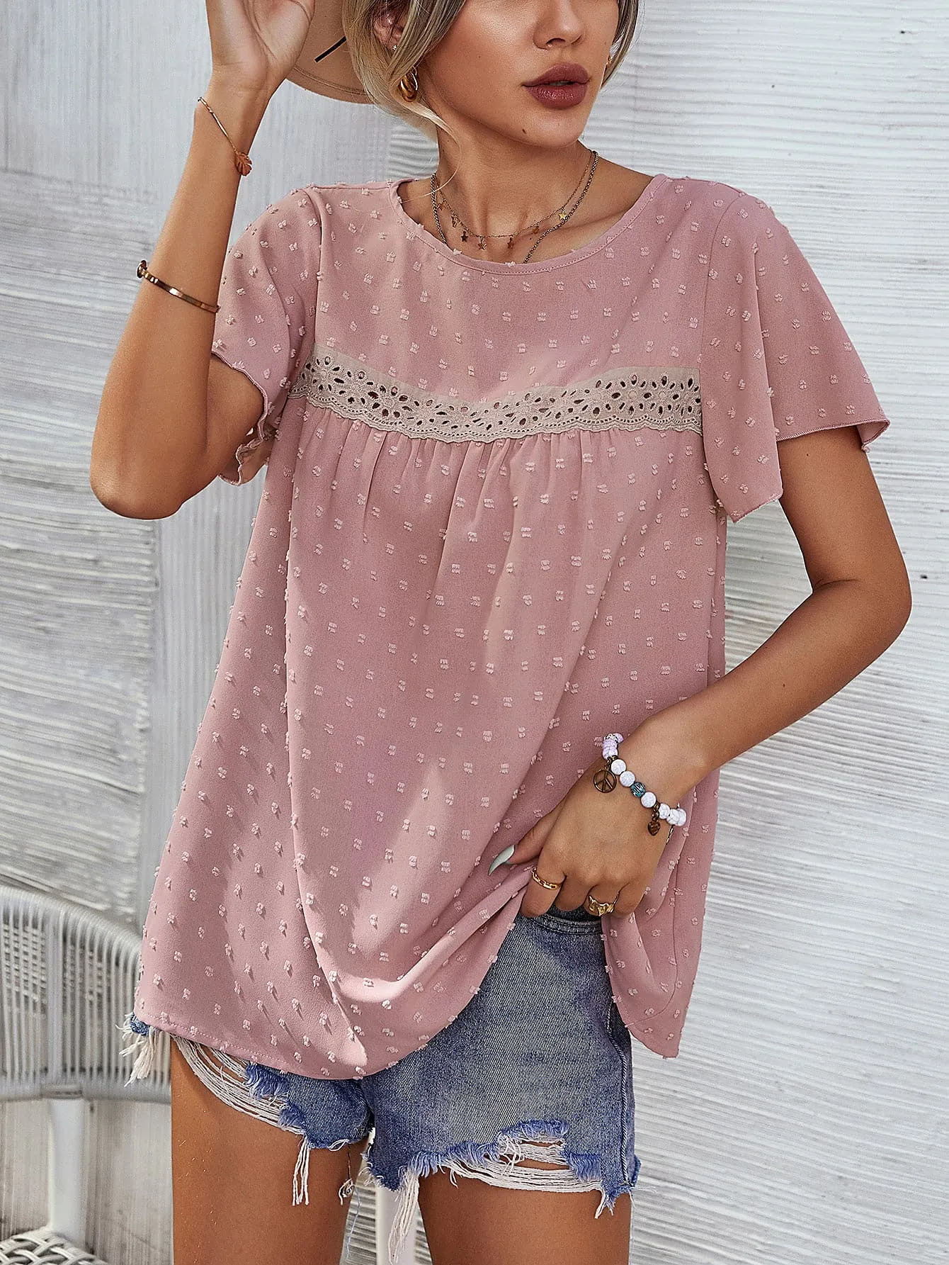 Swiss Dot Round Neck Flutter Sleeve Blouse