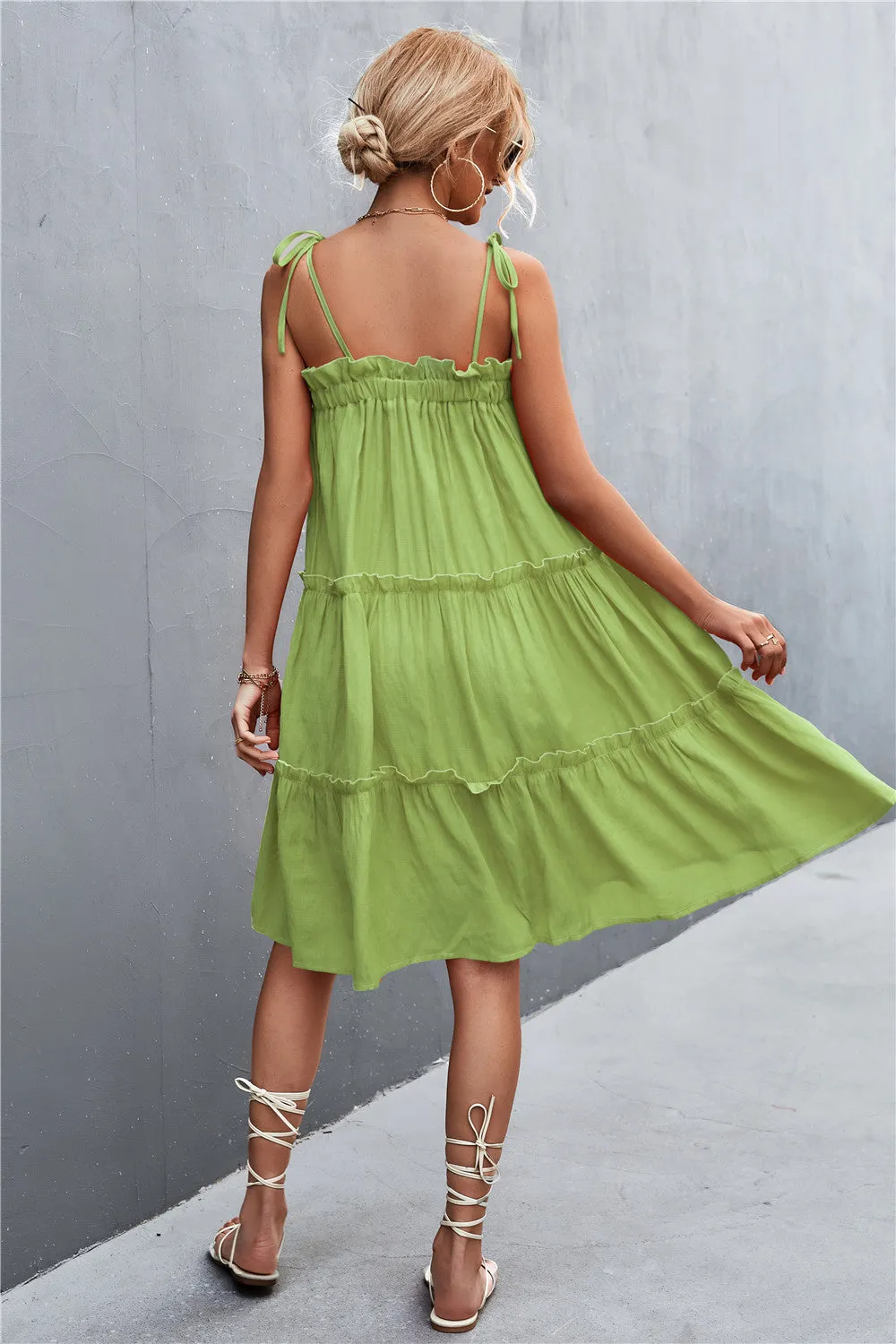 Tie-Shoulder Frill Trim Sleeveless Dress