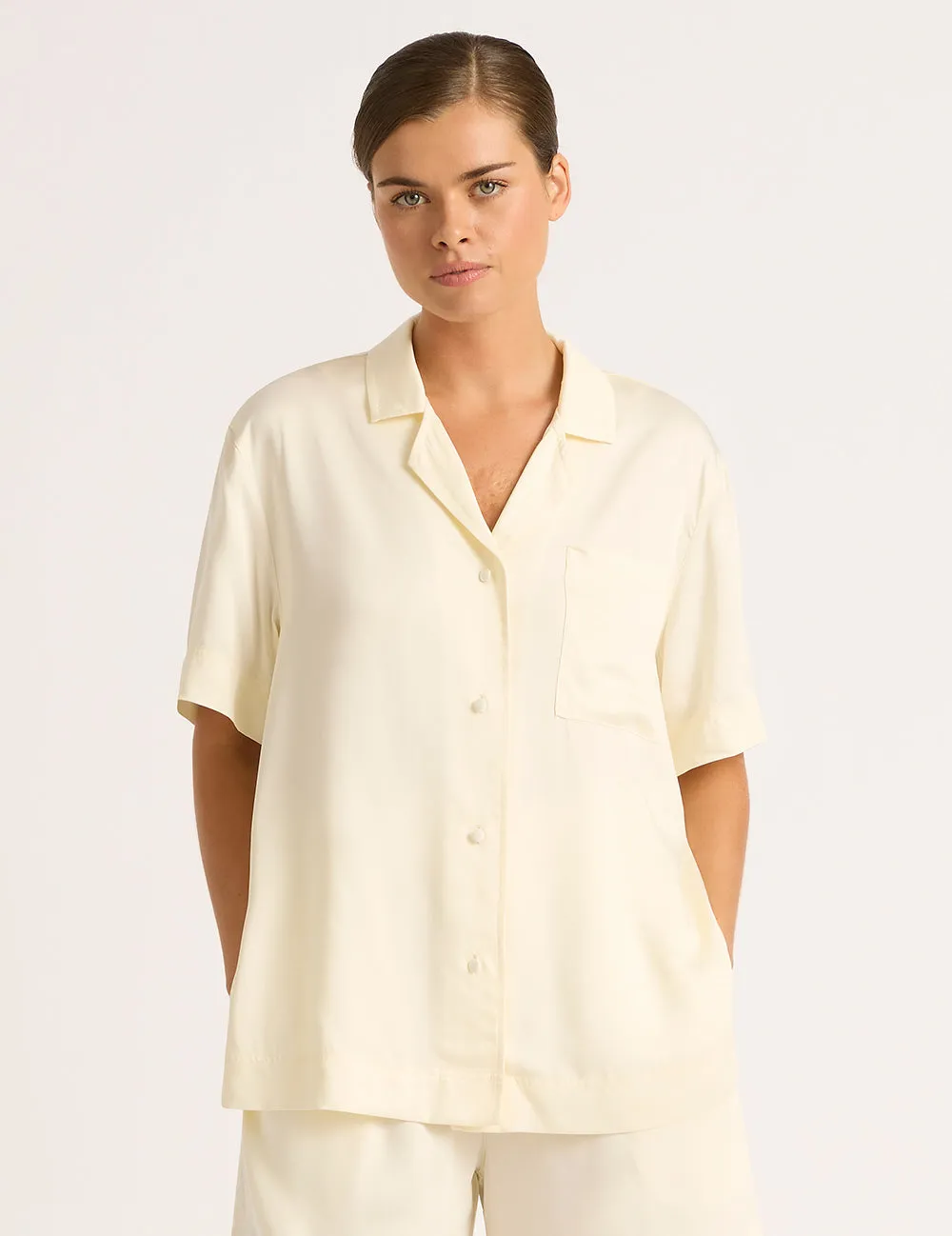 Vegan Silk Short Sleeve Sleep Shirt - Pearl