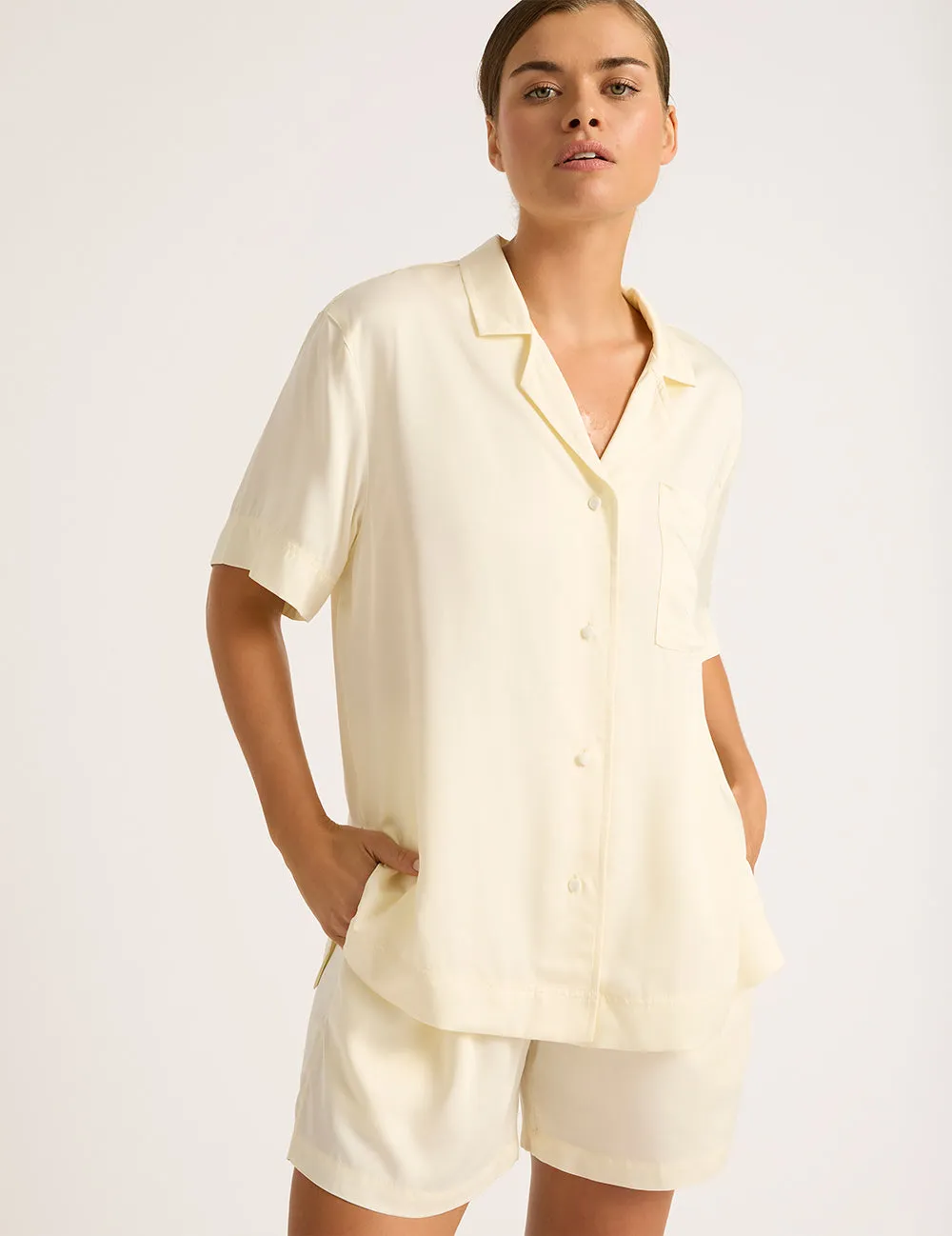 Vegan Silk Short Sleeve Sleep Shirt - Pearl