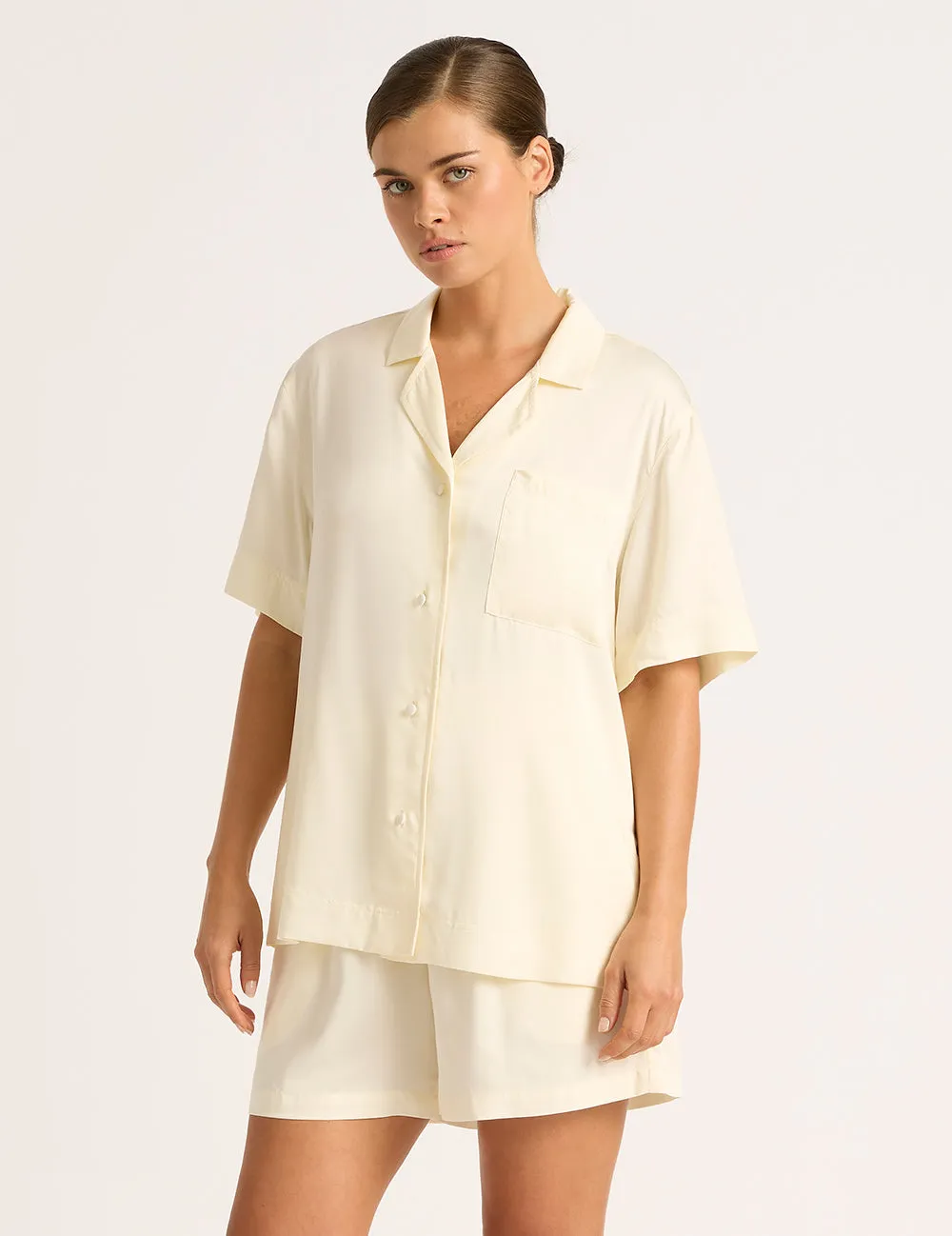 Vegan Silk Short Sleeve Sleep Shirt - Pearl