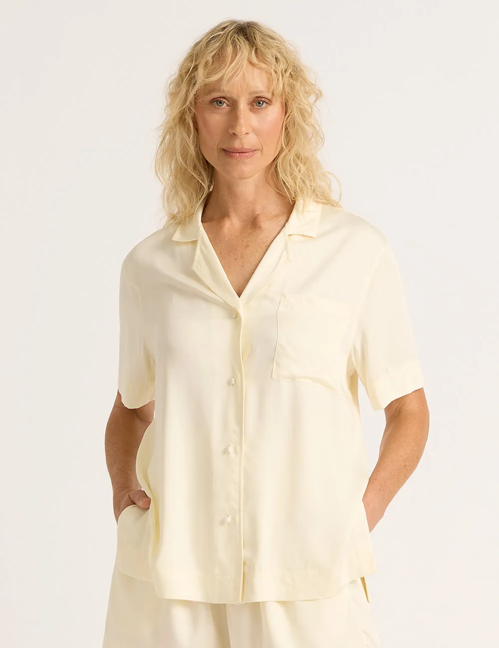 Vegan Silk Short Sleeve Sleep Shirt - Pearl