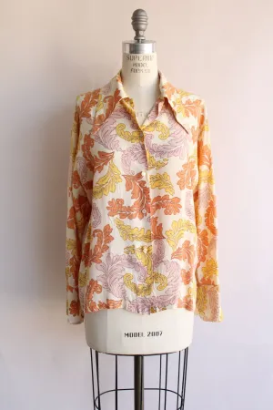 Vintage 1970s Dagger Collar Leaf Print Button Down Shirt