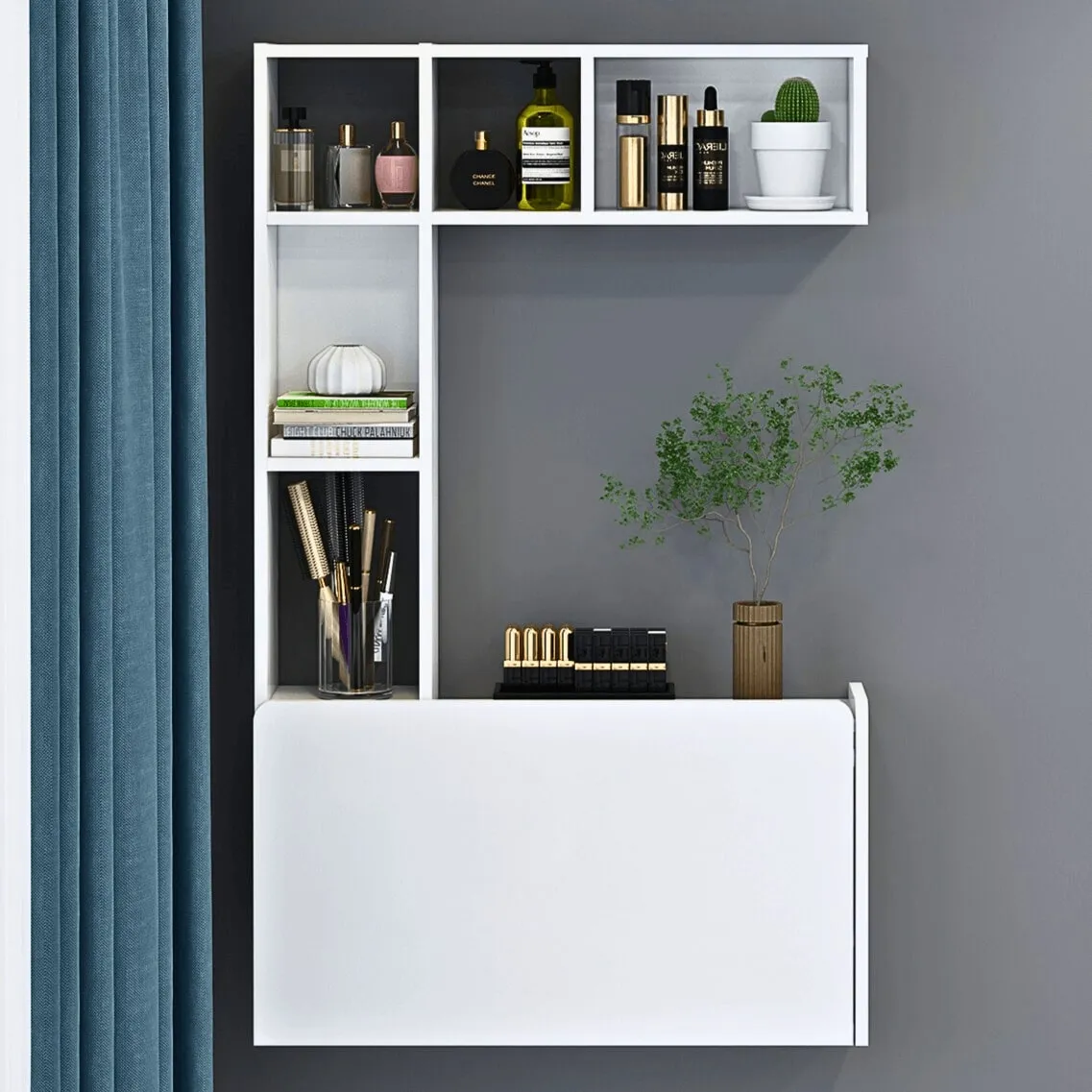 White Plywood Wall Mounted Fold Down Desk with Large Storage Shelf