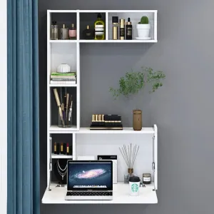 White Plywood Wall Mounted Fold Down Desk with Large Storage Shelf