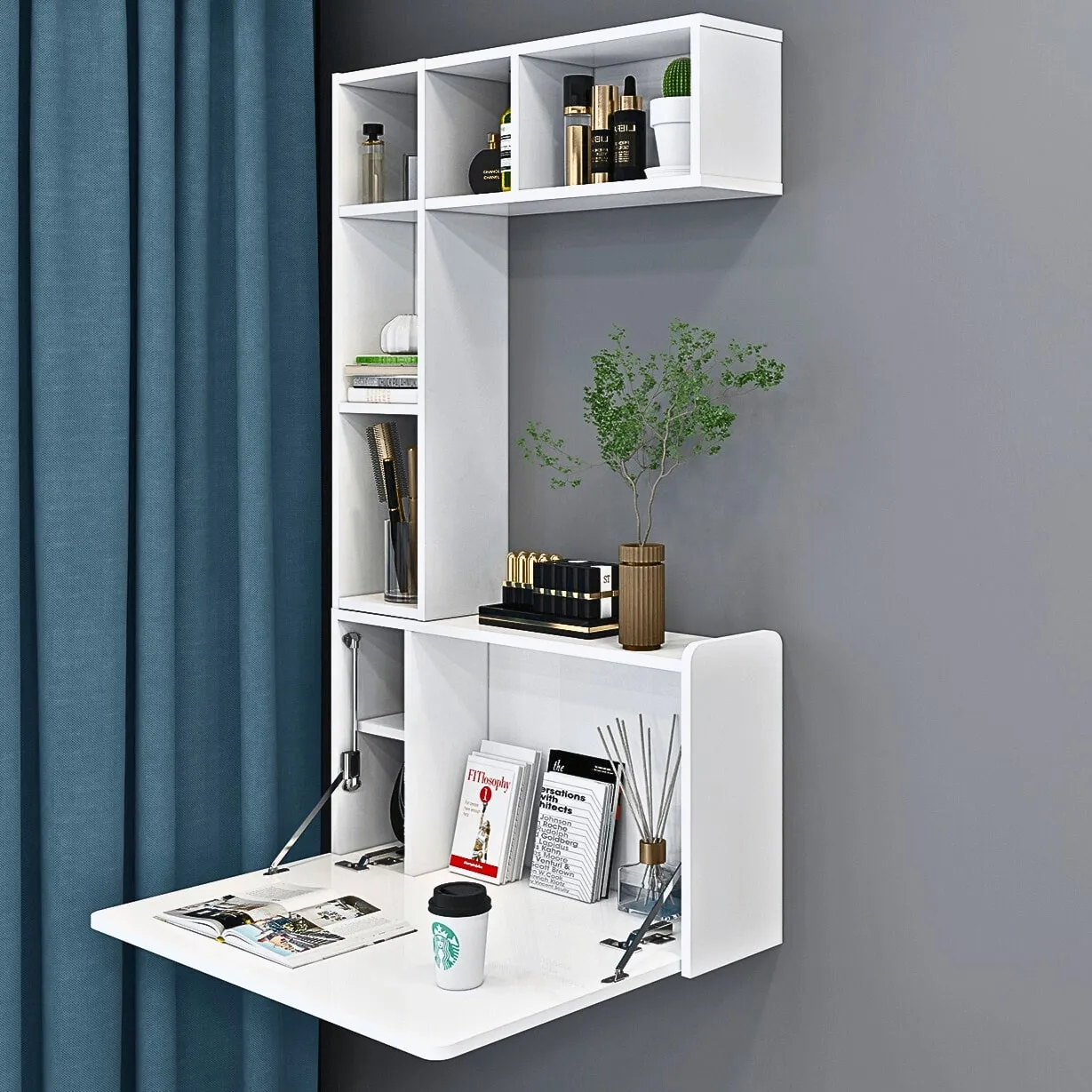 White Plywood Wall Mounted Fold Down Desk with Large Storage Shelf