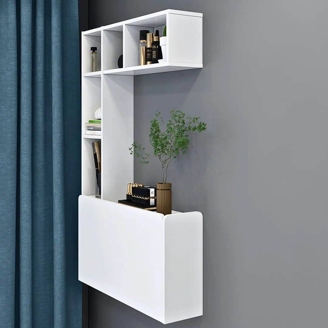 White Plywood Wall Mounted Fold Down Desk with Large Storage Shelf