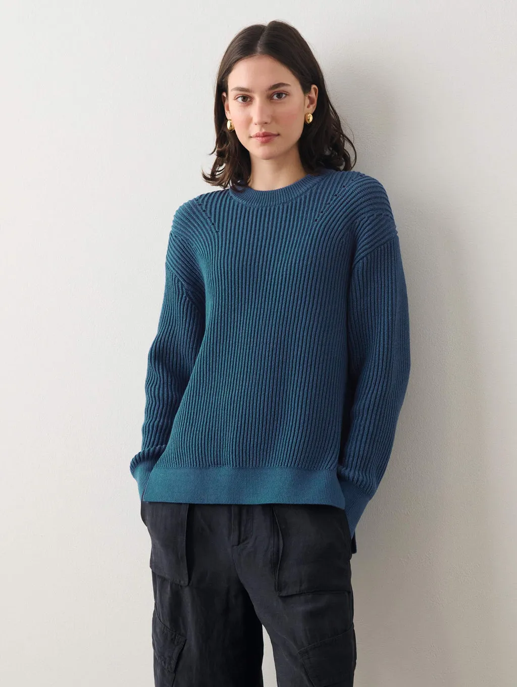 White   Warren - Core Spun Cotton Ribbed Crewneck in Gem Blue