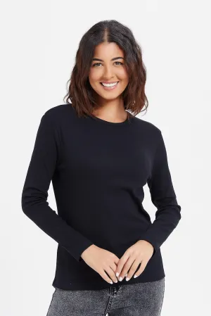 Women Black Rib Round Neck T-Shirt