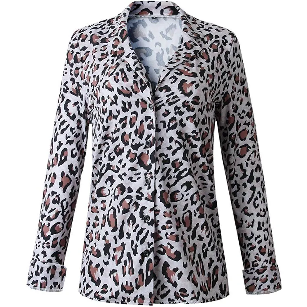 Womens Casual Tops V Neck Leopard Tunic Long Sleeve Button Down Shirts Top